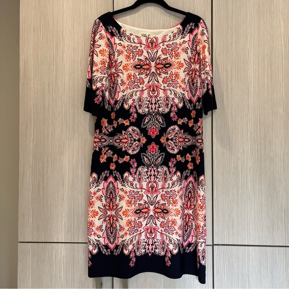 Eliza J | Multicolor Paisley & Floral Print Shift Midi Dress | Pink‎ Navy | 10 - Picture 4 of 12